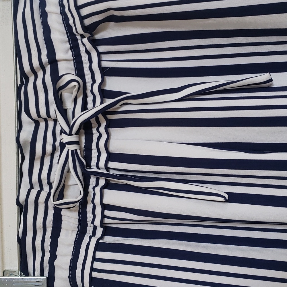 ZARA TRF Striped Paperbag Waist Pants Navy White Drawstring Crop XS - Picture 6 of 12
